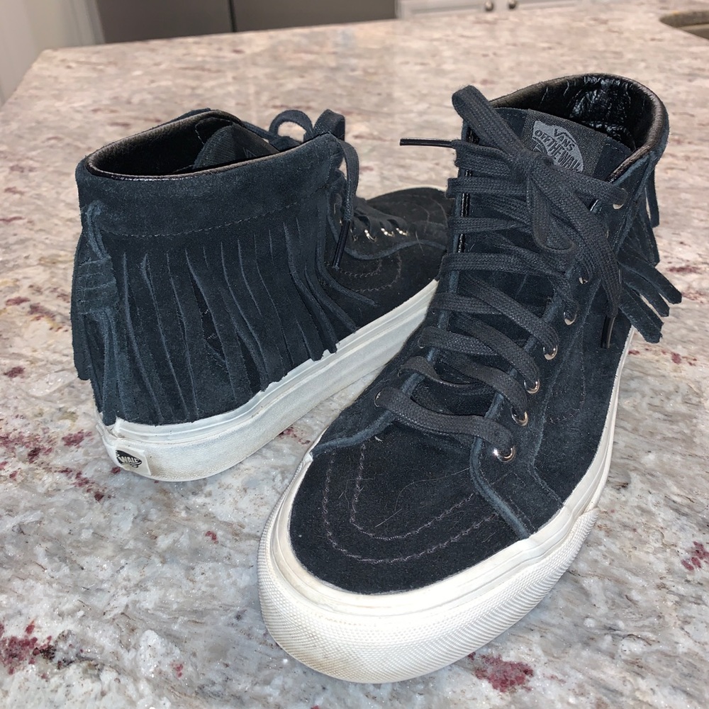 Black Leather Fringe High-Top Vans
